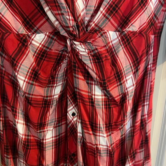 ZARA Women's Size XL Red Black White Plaid Twist Front Button Down Midi Dress - Picture 10 of 12